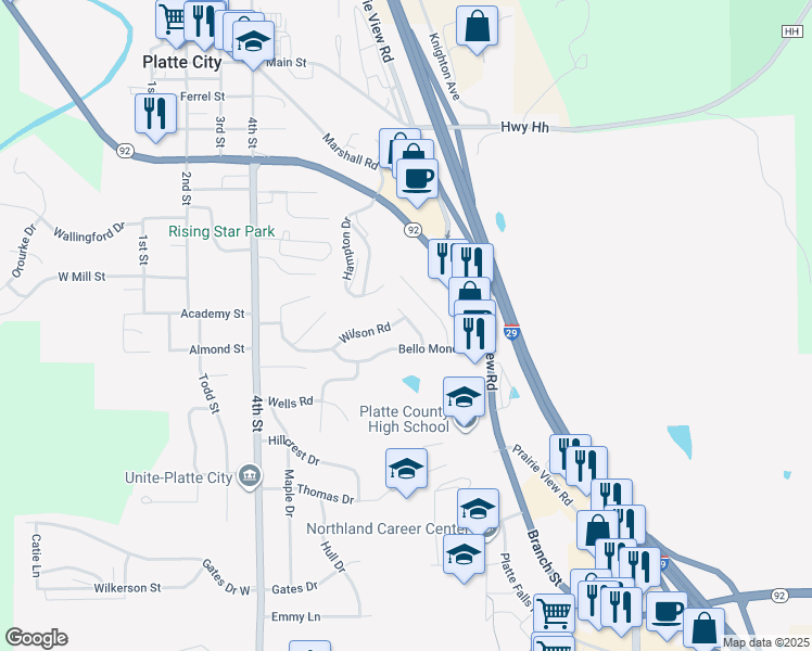 map of restaurants, bars, coffee shops, grocery stores, and more near 901 Bellomondo Drive in Platte City