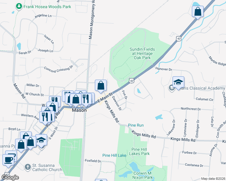 map of restaurants, bars, coffee shops, grocery stores, and more near 304 Cox Street in Mason