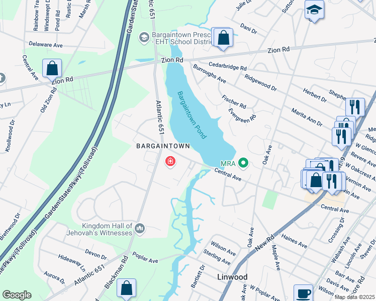 map of restaurants, bars, coffee shops, grocery stores, and more near in Egg Harbor Township