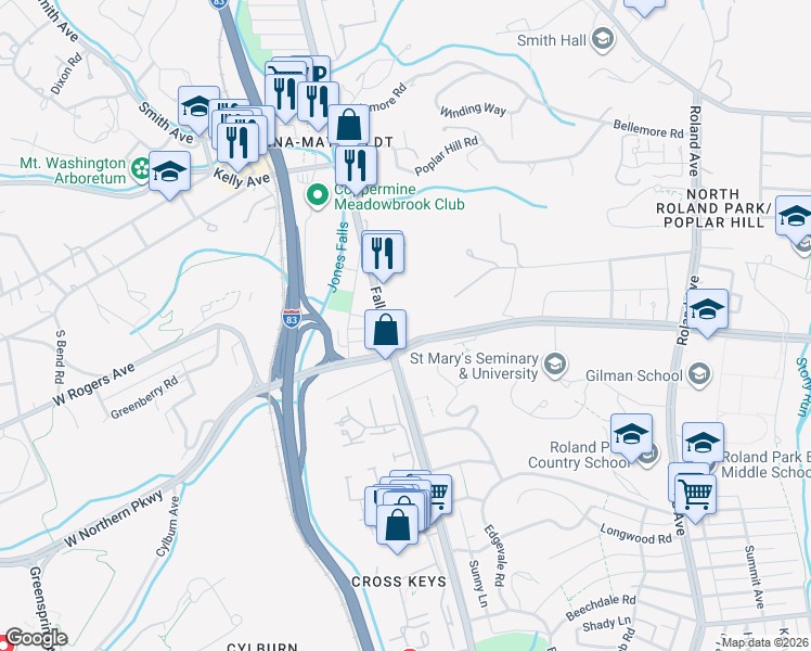 map of restaurants, bars, coffee shops, grocery stores, and more near 1190 West Northern Parkway in Baltimore