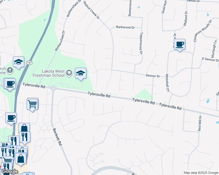 map of restaurants, bars, coffee shops, grocery stores, and more near 7680 Walnut Creek Court in Butler County