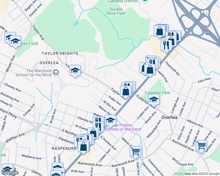 map of restaurants, bars, coffee shops, grocery stores, and more near 4102 Taylor Avenue in Baltimore