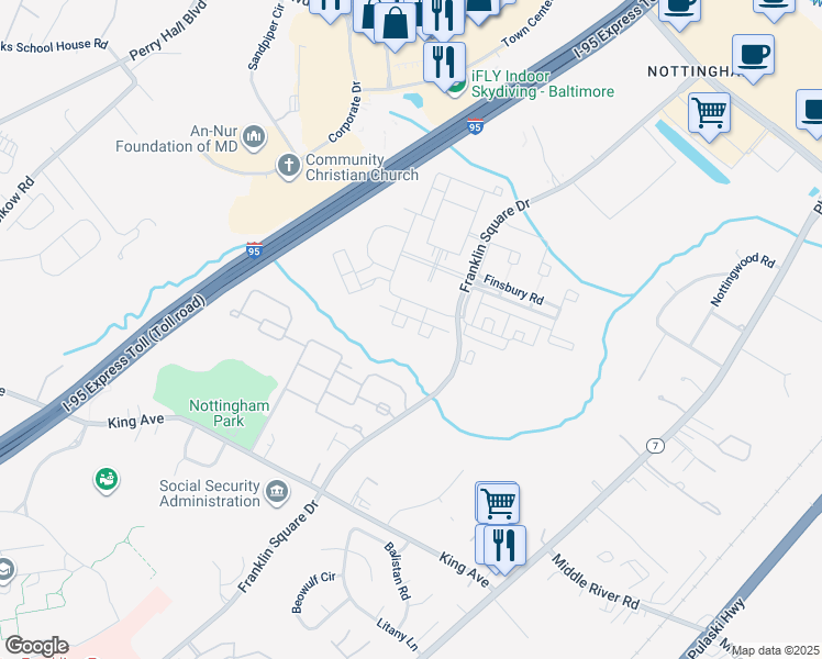 map of restaurants, bars, coffee shops, grocery stores, and more near 9575 Shirewood Court in Rosedale