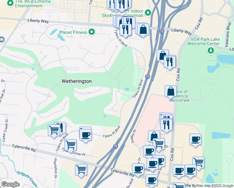 map of restaurants, bars, coffee shops, grocery stores, and more near 7544 Bermuda Trce in Wetherington