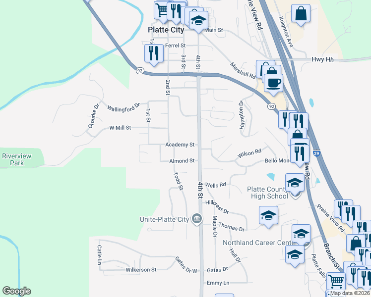 map of restaurants, bars, coffee shops, grocery stores, and more near 212 Academy Street in Platte City