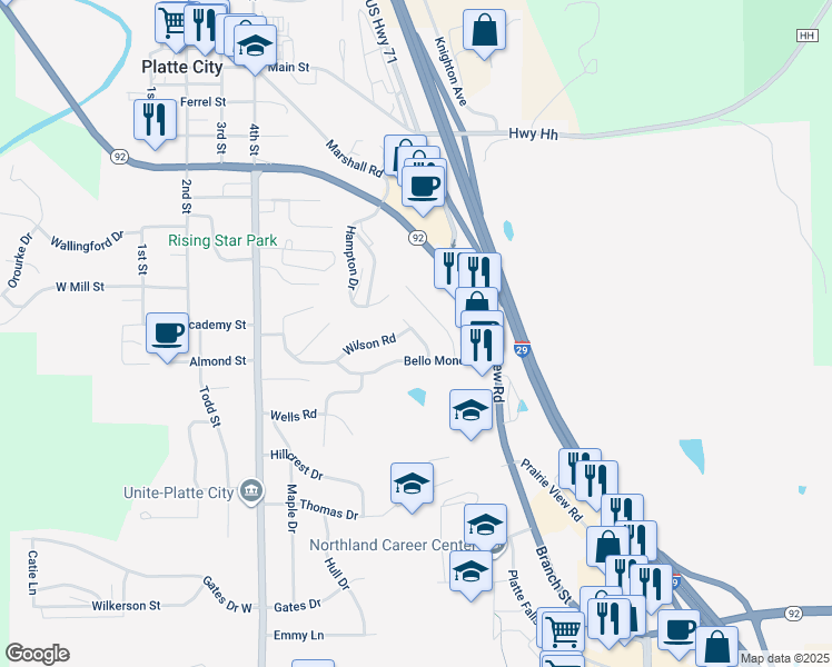 map of restaurants, bars, coffee shops, grocery stores, and more near 33 Florentina Street in Platte City