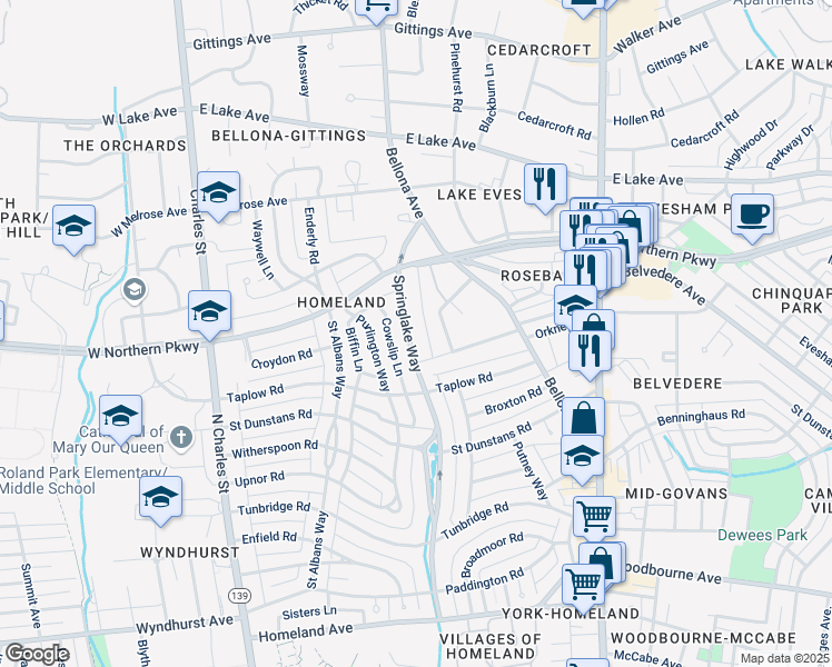 map of restaurants, bars, coffee shops, grocery stores, and more near 5417 Springlake Way in Baltimore