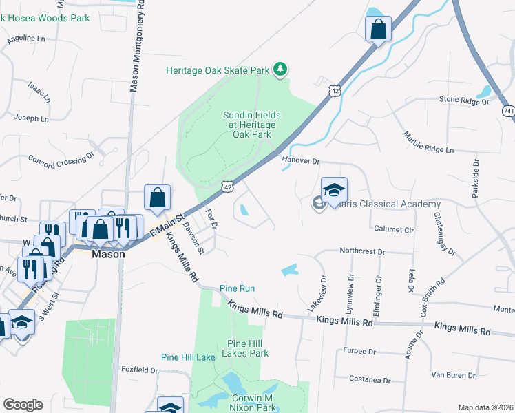map of restaurants, bars, coffee shops, grocery stores, and more near 1009 Four Seasons Drive in Mason