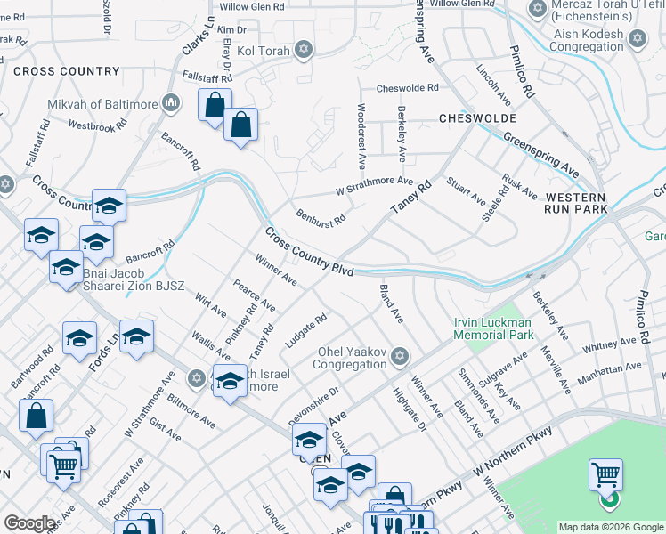 map of restaurants, bars, coffee shops, grocery stores, and more near Cross Country Blvd & Taney Rd in Baltimore