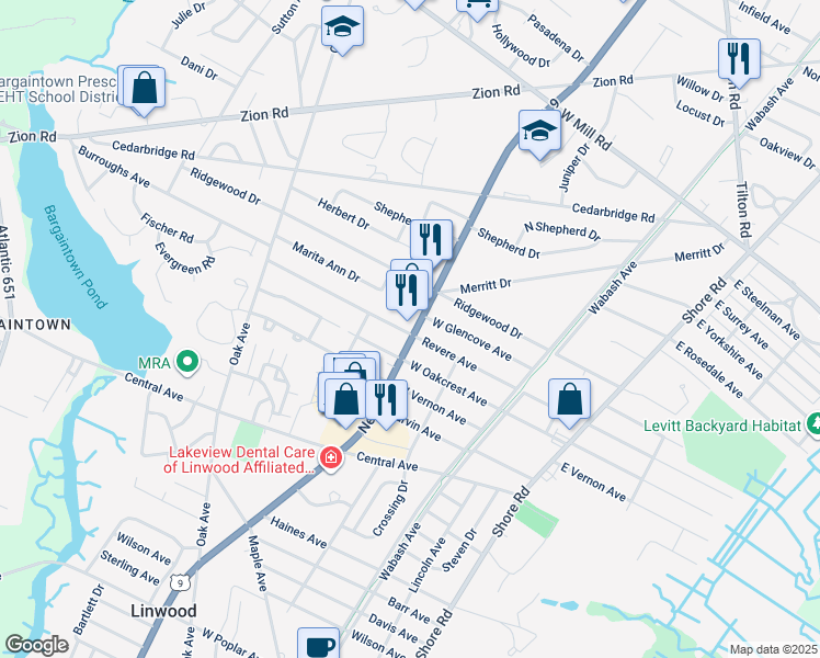 map of restaurants, bars, coffee shops, grocery stores, and more near 2403 New Road in Northfield
