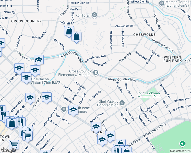 map of restaurants, bars, coffee shops, grocery stores, and more near 6100 Cross Country Boulevard in Baltimore