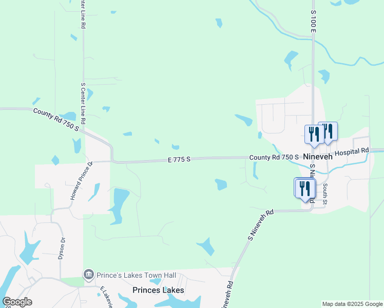 map of restaurants, bars, coffee shops, grocery stores, and more near 512 County Road 775 South in Nineveh