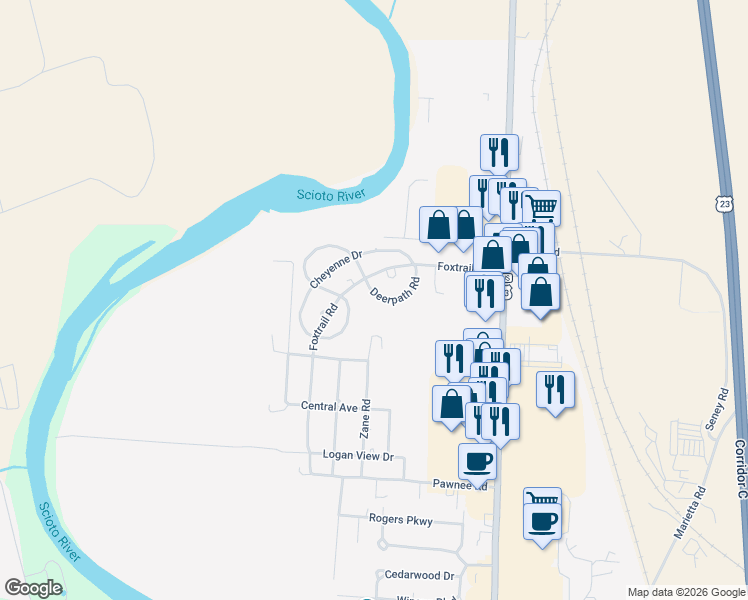 map of restaurants, bars, coffee shops, grocery stores, and more near 5 Deerpath Road in Chillicothe