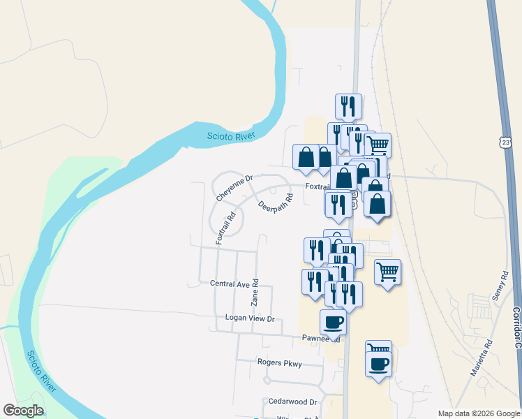map of restaurants, bars, coffee shops, grocery stores, and more near 5 Deerpath Road in Chillicothe