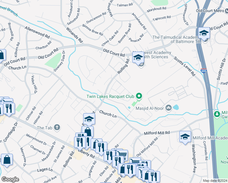 map of restaurants, bars, coffee shops, grocery stores, and more near 8217 Knights Way in Pikesville