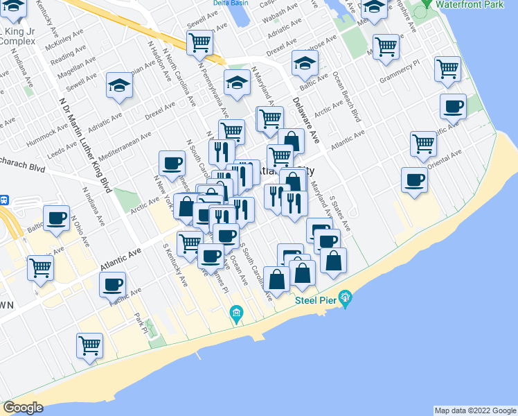 map of restaurants, bars, coffee shops, grocery stores, and more near 14 South Pennsylvania Avenue in Atlantic City