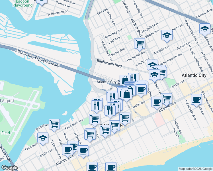 map of restaurants, bars, coffee shops, grocery stores, and more near in Atlantic City