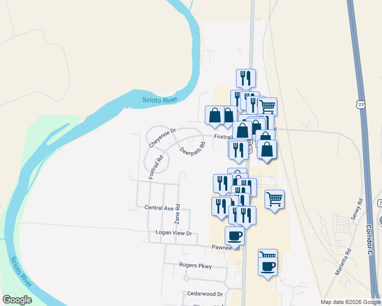 map of restaurants, bars, coffee shops, grocery stores, and more near 5 Deerpath Road in Chillicothe