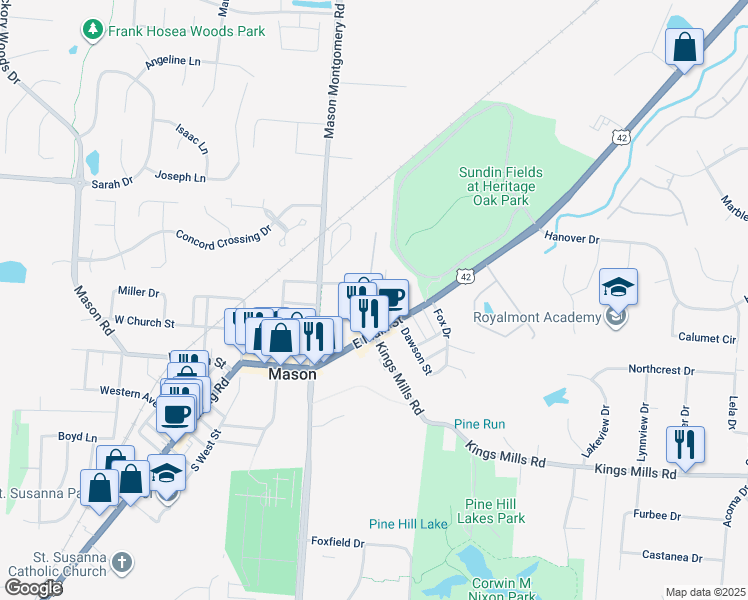 map of restaurants, bars, coffee shops, grocery stores, and more near 118 Cowan Drive in Mason