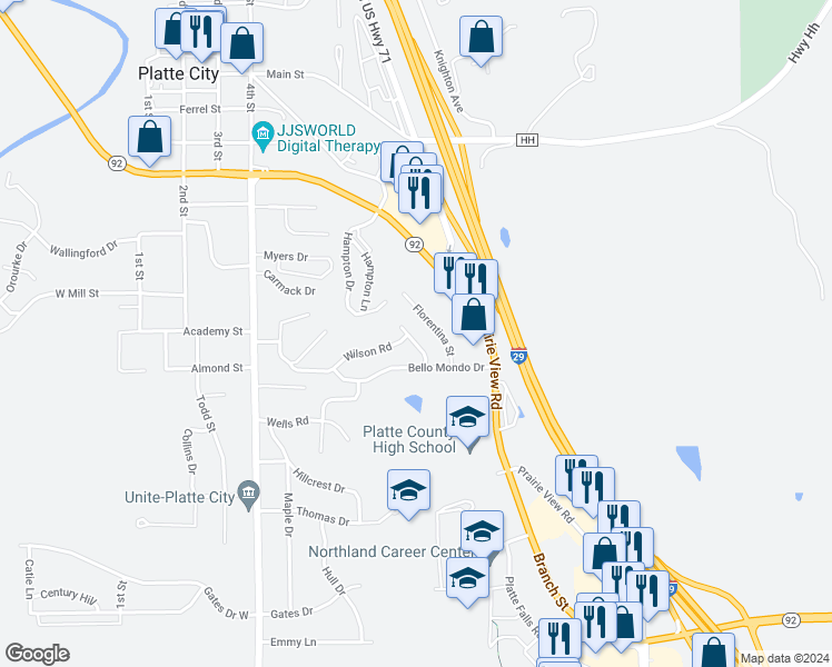 map of restaurants, bars, coffee shops, grocery stores, and more near 33 Florentina Street in Platte City