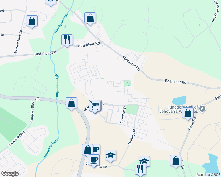 map of restaurants, bars, coffee shops, grocery stores, and more near 6257 Islington Street in Middle River