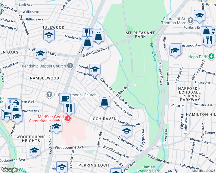 map of restaurants, bars, coffee shops, grocery stores, and more near 1626 Waveworth Road in Baltimore
