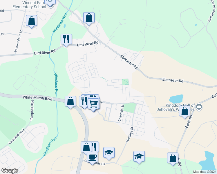 map of restaurants, bars, coffee shops, grocery stores, and more near 6257 Islington Street in Middle River