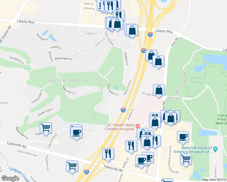 map of restaurants, bars, coffee shops, grocery stores, and more near 7488 Great Waters Lane in Butler County