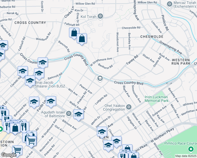 map of restaurants, bars, coffee shops, grocery stores, and more near 6100 Cross Country Boulevard in Baltimore