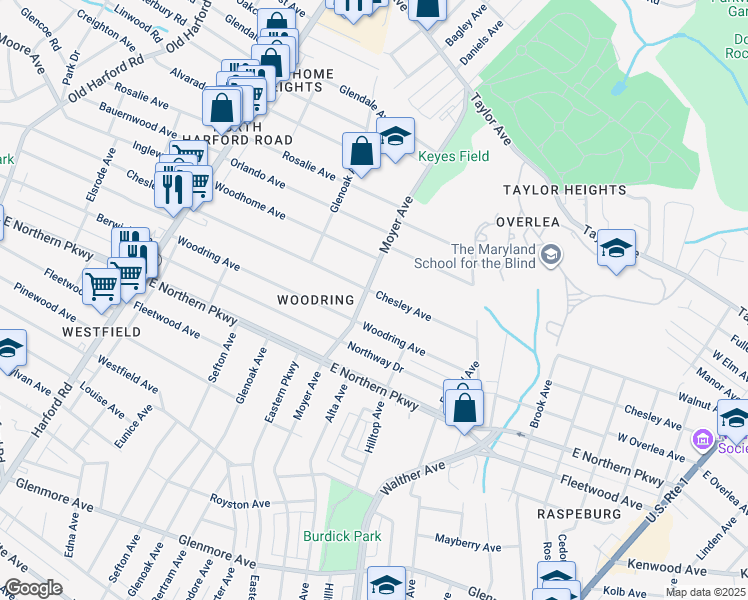 map of restaurants, bars, coffee shops, grocery stores, and more near 3305 Chesley Avenue in Baltimore