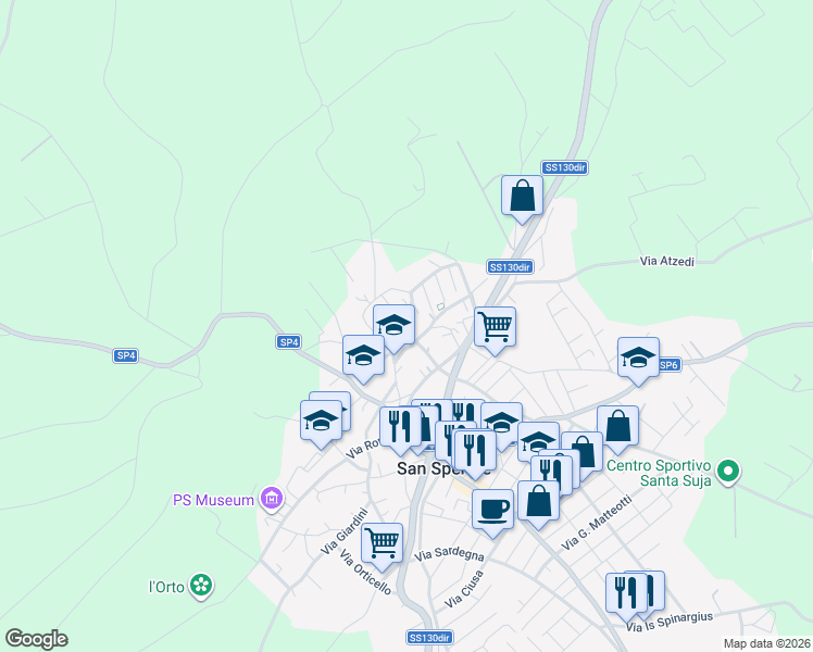 map of restaurants, bars, coffee shops, grocery stores, and more near 9 Via Michele Schirru in San Sperate