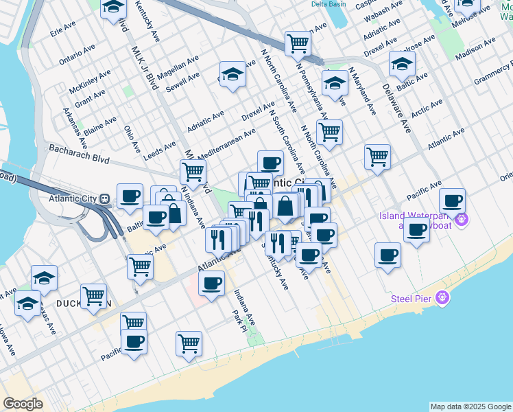 map of restaurants, bars, coffee shops, grocery stores, and more near 1525 Arctic Avenue in Atlantic City