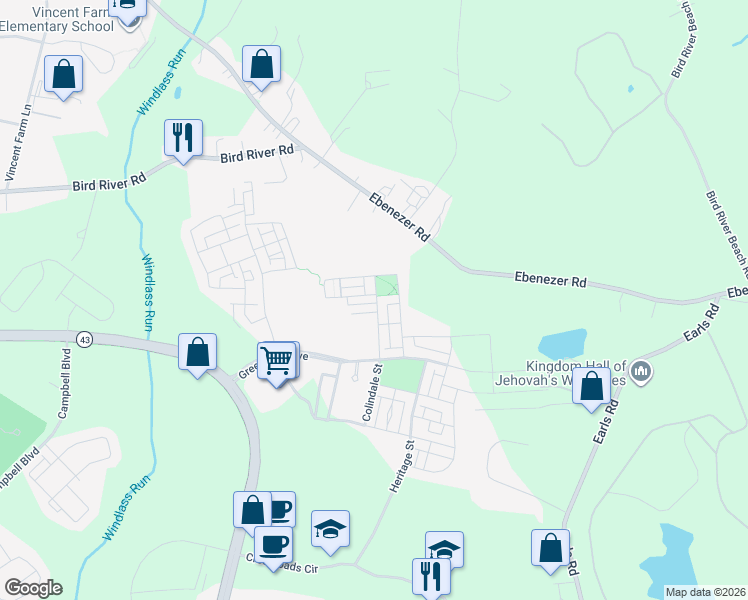 map of restaurants, bars, coffee shops, grocery stores, and more near 6211 Islington Street in Middle River