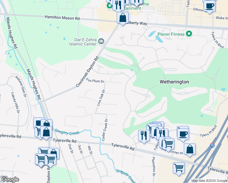 map of restaurants, bars, coffee shops, grocery stores, and more near 7158 Shaggy Bark Drive in Butler County