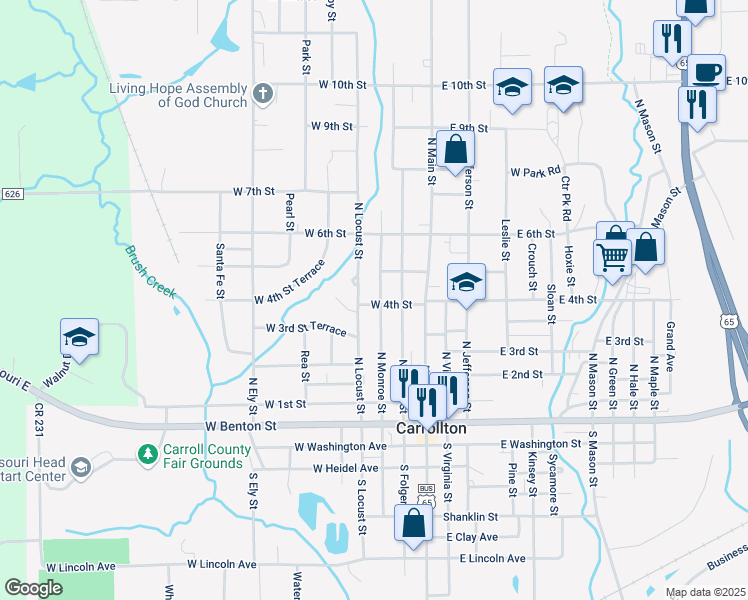map of restaurants, bars, coffee shops, grocery stores, and more near 401 North Monroe Street in Carrollton