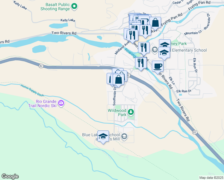 map of restaurants, bars, coffee shops, grocery stores, and more near 492-498 Southside Drive in Basalt