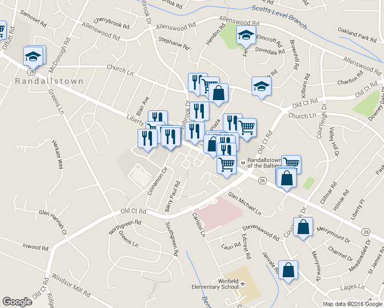 map of restaurants, bars, coffee shops, grocery stores, and more near 8701 Liberty Road in Randallstown