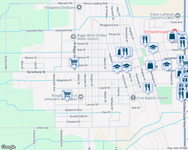 map of restaurants, bars, coffee shops, grocery stores, and more near 1605 Sycamore Street in Gridley