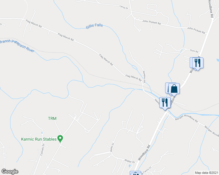 map of restaurants, bars, coffee shops, grocery stores, and more near 15899 Newport Road in Mount Airy