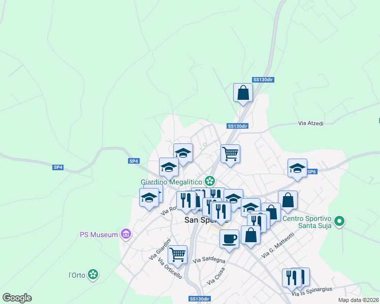 map of restaurants, bars, coffee shops, grocery stores, and more near 9 Via Michele Schirru in San Sperate
