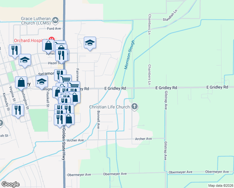 map of restaurants, bars, coffee shops, grocery stores, and more near 152 East Gridley Road in Gridley