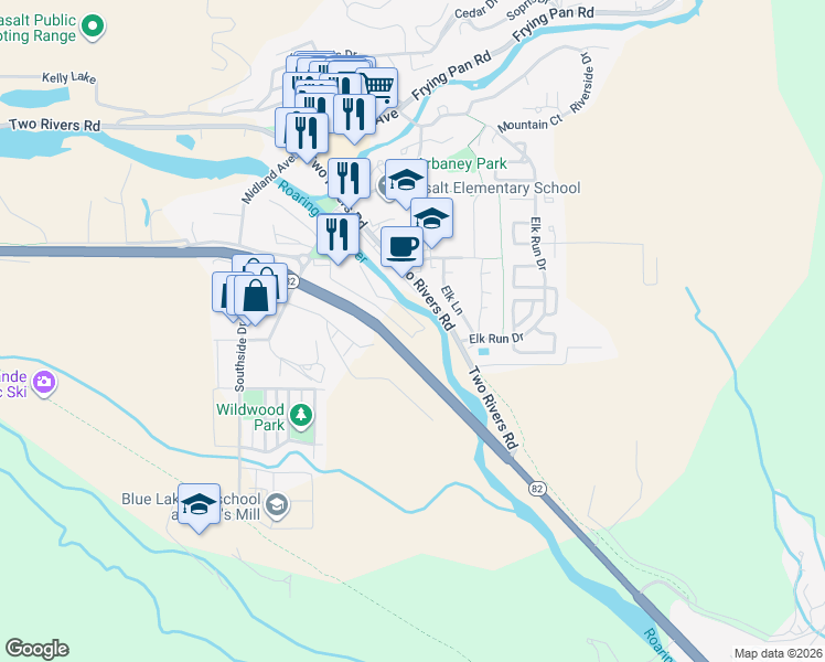 map of restaurants, bars, coffee shops, grocery stores, and more near 129 Emma Road in Basalt