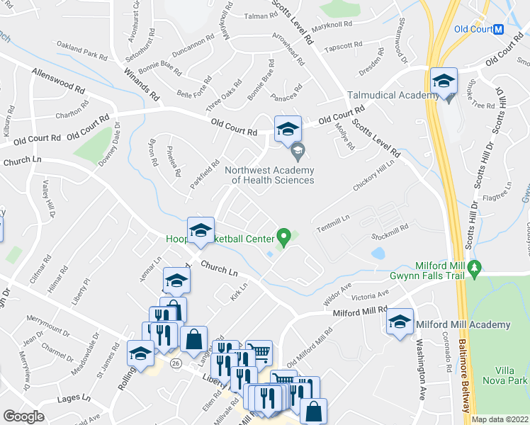 map of restaurants, bars, coffee shops, grocery stores, and more near 8226 Kings Crown Road in Pikesville