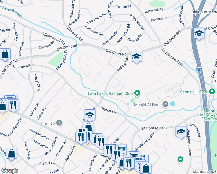 map of restaurants, bars, coffee shops, grocery stores, and more near 3910 Queens Lace Street in Pikesville
