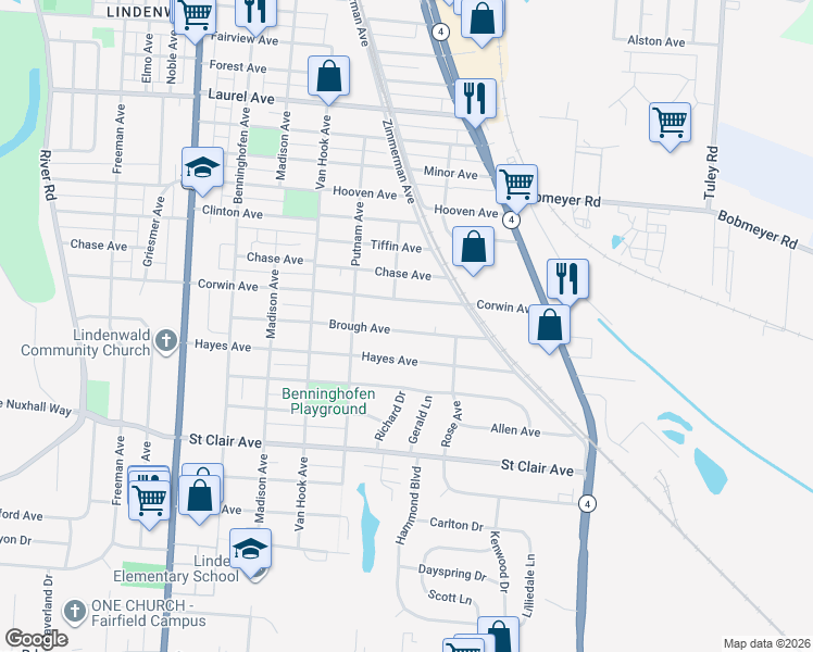 map of restaurants, bars, coffee shops, grocery stores, and more near 1050 Brough Avenue in Hamilton