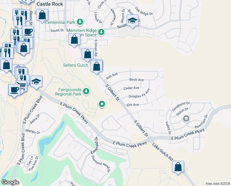 map of restaurants, bars, coffee shops, grocery stores, and more near Sellers Drive in Castle Rock