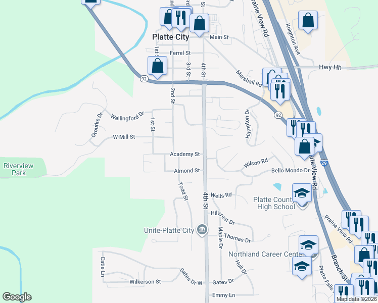 map of restaurants, bars, coffee shops, grocery stores, and more near 212 Academy Street in Platte City