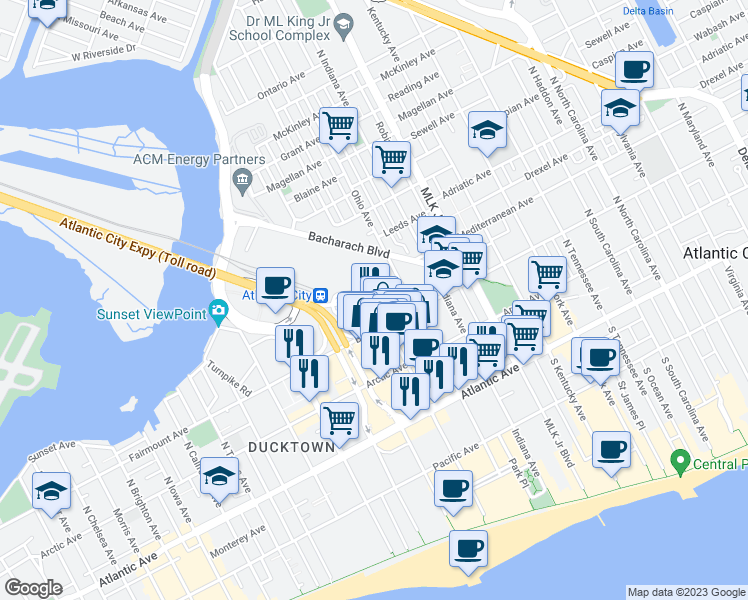 map of restaurants, bars, coffee shops, grocery stores, and more near 2051 Kirkman Boulevard in Atlantic City