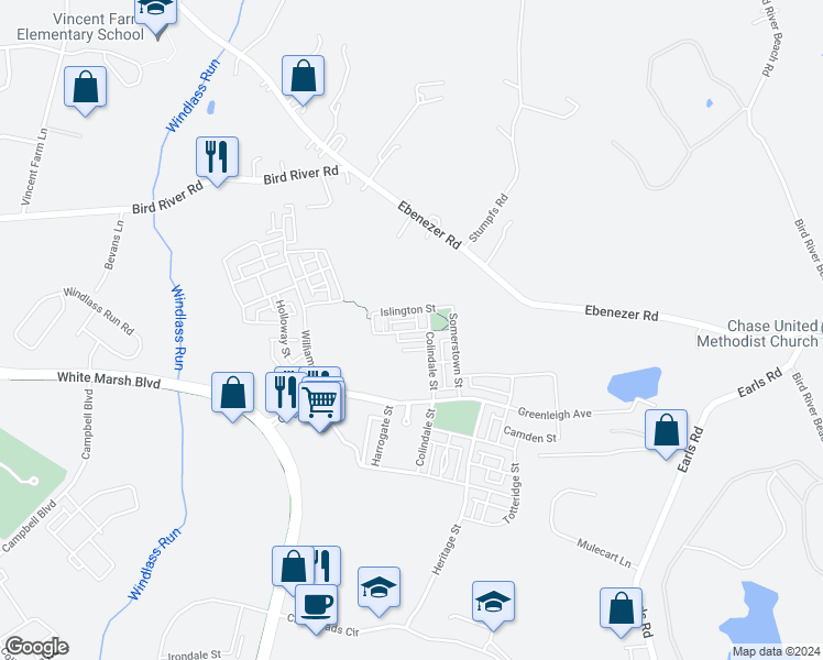 map of restaurants, bars, coffee shops, grocery stores, and more near 6211 Islington Street in Middle River