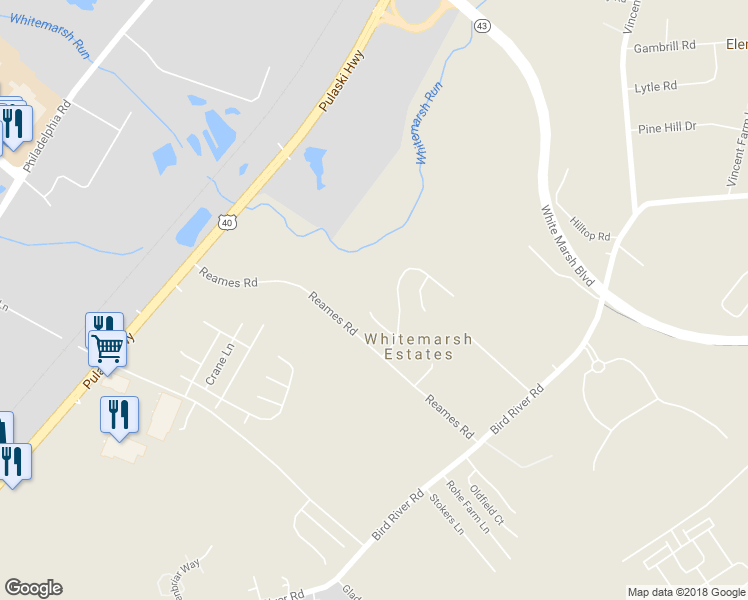 map of restaurants, bars, coffee shops, grocery stores, and more near 13 Silver Maple Court in Middle River